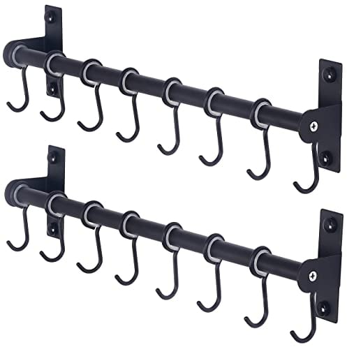 Dseap Pot Rack - Pots and Pans Hanging Rack Rail with 8 Hooks, Pot Hangers for Kitchen, Wall Mounted, Black, Pack of 2