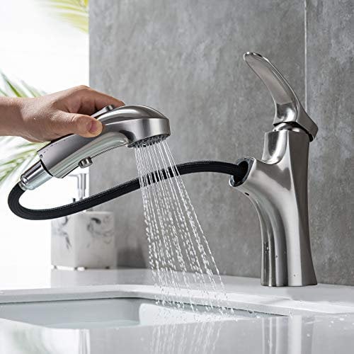 MIAOHUI Wasserhahn Bad Gebürstet Nickel,Mischbatterie Waschbecken mit 3 Modi Herausziehbarer Spritze,Einhebelmischer Waschbecken,Waschtischarmatur für Heißes und Kaltes Wasser
