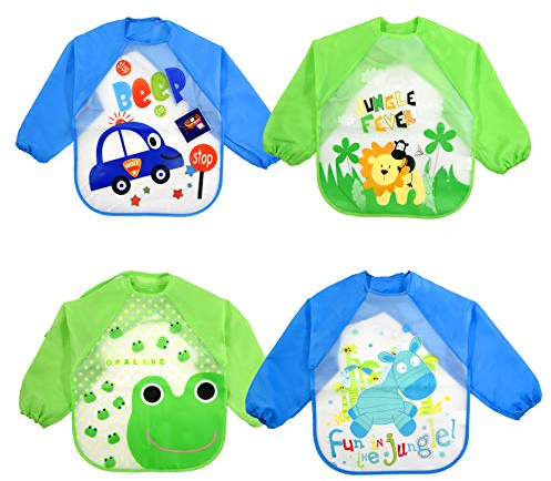 JinBei Baby Lätzchen Lange Aermel, Jungen Wasserdicht Verstellbar Waschbar 4PCS Laetzchen, Oberteil Abwischbar Abwaschbar Wasserabweisend Kind Lätzchen, Auto Esel Löwe Frosch Drucken