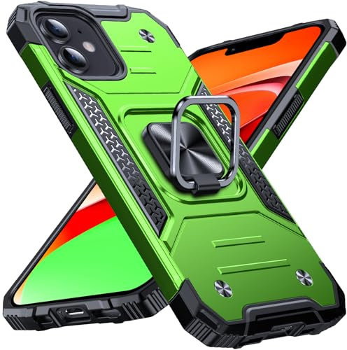 Anqrp Heavy Duty Case for iPhone 12/12 Pro Case with Enhanced Ring Holder Grip Stand, Military Grade Shockproof Rugged Drop Protective Silicone Hard iPhone 12/12 Pro Phone Case Cover, Grass Green