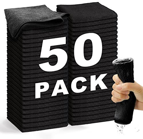 WEAWE 50 Paños de Bayeta Microfibra (30,5 x 30,5 cm), Suaves, Absorbentes, Reutilizables Multiusos Limpieza Cocina, Coche, Cristales, Balletas Microfibra (Negro)