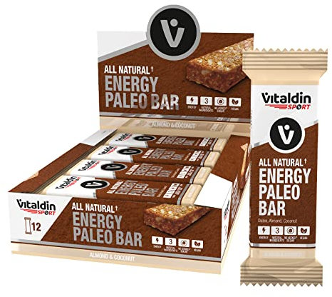 VITALDIN SPORT All Natural Energy Paleo Bar Mandeln & Kokosnuss – 12 Riegel x 40 Gramm – Natürliche Energieriegel mit Datteln & Nüssen – Vegan & Ohne Zuckerzusatz