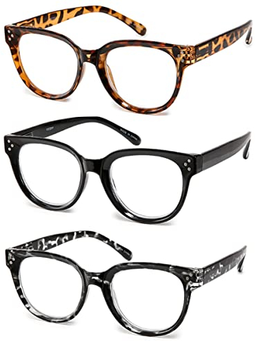 Vecien Reading Glasses Oversized for Women Large Frame Big Lens Readers Spring Hinge Retro 3 Pack +1.5