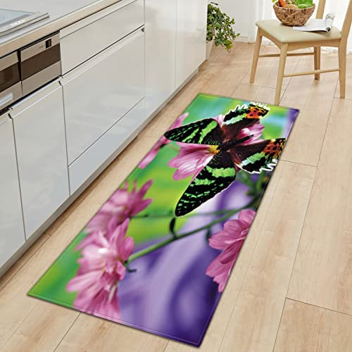TFLABS Küchenteppich Lila Blumen & Schmetterlinge Küchenläufer rutschfest Küchenmatte für Küche und Bar Teppich Läufer waschbare Küchenläufer Küche Deko 60 x 180cm