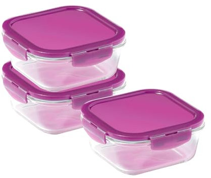 LocknLock Eco Ovenglass Glass Food Containers with Lids Set of 3 - Airtight, Leakproof Square Food Storage Containers with Recycled Plastic Lids, Oven Safe, Dishwasher Safe, 3 x 750ml, Assorted Colors