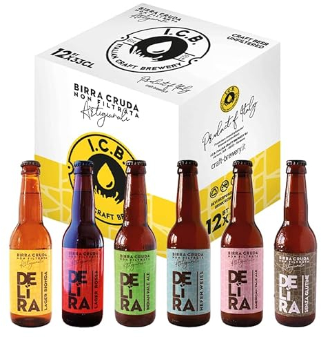 Delíra – 12 Birre Artigianali Italiana Cruda Non Filtrata | Set Degustazione Da 33 cl, Idea Regalo Particolare. Selezione: Bionda, Rossa, IPA, Weiss, APA, Gluten Free