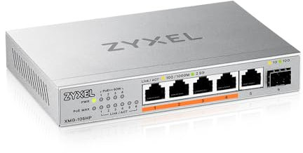 Zyxel 5 porte PoE 2.5G Multi-Gig switch non gestito @ 70W con 4 x PoE++ (60W) | 1 x 10G SFP+ | Montaggio a parete o computer [XMG-105HP]