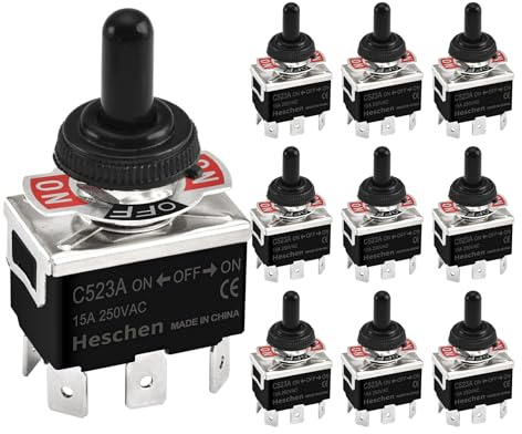 Heschen Interruptor de palanca de metal, C523A, DPDT, mantenido, encendido/apagado/encendido 3 posiciones, 15 A 250 VAC, terminal de 6 pestañas, CE, con tapa impermeable (10)