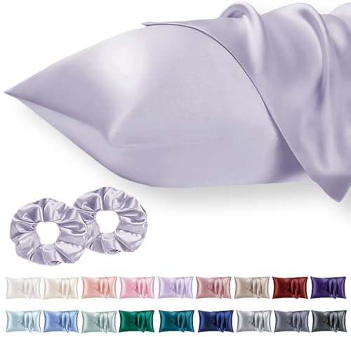 Vielit 2 Pack Satin Pillowcase for Hair and Skin Cooling,Soft as Silk Pillowcase for Hair and Skin,Easier Care than Silk Pillow Case Purple 50x75cm Gifts for Women Envelope & 2 Scrunchies