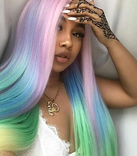 VEBONNY Perruque longue en dentelle synthétique avec dégradé de couleurs pastel arc-en-ciel pour femmes, du bleu lavande au vert menthe, rose bébé, perruques de 26 pouces VEBONNY-809