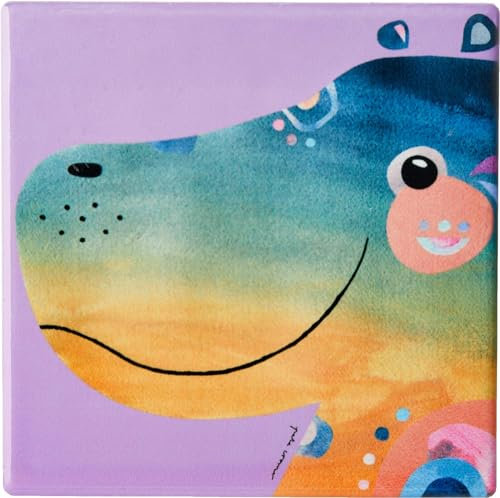 Bunte farbenfrohe Untersetzer mit Kork, Designer Pete Cromer, Tier-Motiv, als Keramik-Untersetzer für Kaffe & Tee Tassen, Gläser oder Heißgetränke, 9,5 cm lang (Hippo)
