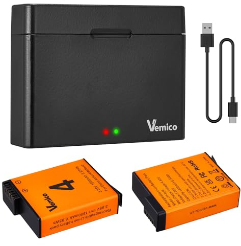 Vemico OSMO Action 4/3 Akku Ladegerät Kit 2 Pack 1800mAh Ersatzakkus Typ C USB Doppelt Kanäle LED Ladegerät für OSMO Action 4/OSMO Action 3 Kamera