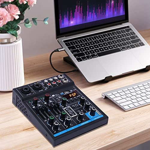 Audio Mixer- 4 Kanal Stereo Audiomischer - Kanal Digital USB Bluetooth MP3 Computereingang 48V - DJ Studio Streaming für Podcaster, Videocaster, Streamer und Content Creator