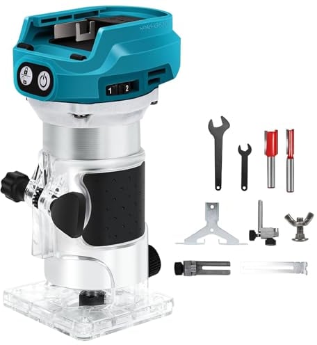 Akku Oberfräse kompatibel mit Makita 18V Akku, 1300W Oberfräse Trimmer Einhandfräse, Bürstenloser Kantenfräser mit 6 Geschwindigkeit, 28.000 U/min Akku-Holzfräser für Holzbearbeitung (no Akku) (Blue)