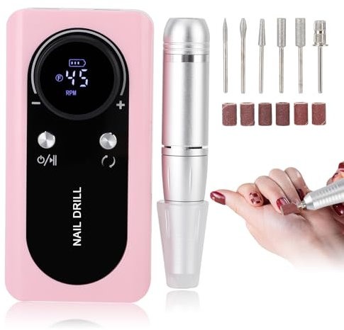 Nail Drill, 45000RMP Electric Nail File, Portable Nail Files for Acrylic and Gel Nails, Adjustable Speed Rechargeable Nail Drill Machine with 6 Bits and LCD Display for Home DIY Nail Salon