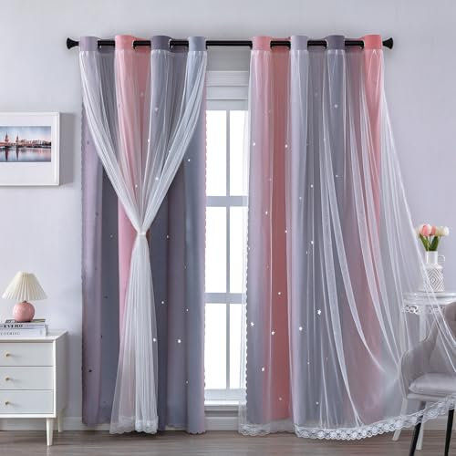 XiDi Tende Oscuranti - Tende Ritagliate a Stelle per Camera da Letto Bambina Bambini Soggiorno Arcobaleno Tendaggi con Occhiello per Finestre, 2 Pannelli 87×160 cm Pink LightgreyGrey/86/160/2 IT