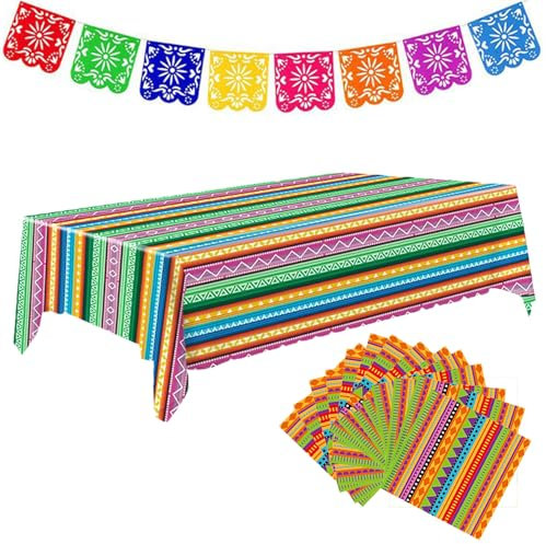 Mexican Party Decoration Set - Includes Mexican Tablecloth, 20 Mexican Napkins, Multicolored Flags,Festive Table Decor for Mexican Party, Fiesta Theme, Birthday and Cinco De Mayo Celebrations