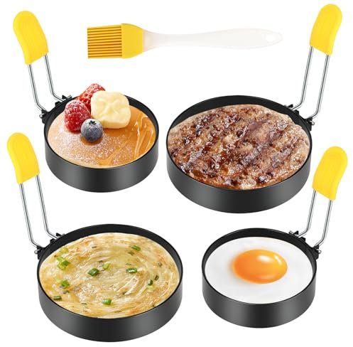 Sprifityy 4 Stück Spiegeleiform, Pancake Form, Spiegeleierformen für Die Pfanne, Omeletts Mit Silikon Klappgriffen und Ölpinsel, Edelstahl Ei Ringe Omelettform für Spiegeleier, Sandwiches, Pfannkuchen