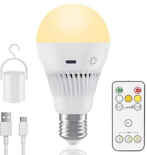 Bombilla Recargable USB C con Control Remoto, 9W E27 Bombilla LED con Mando con Control Táctil y Función de Temporización, 3 Temperaturas de Color, 3000mAh, Luz de Emergencia para Hogar y Exterior