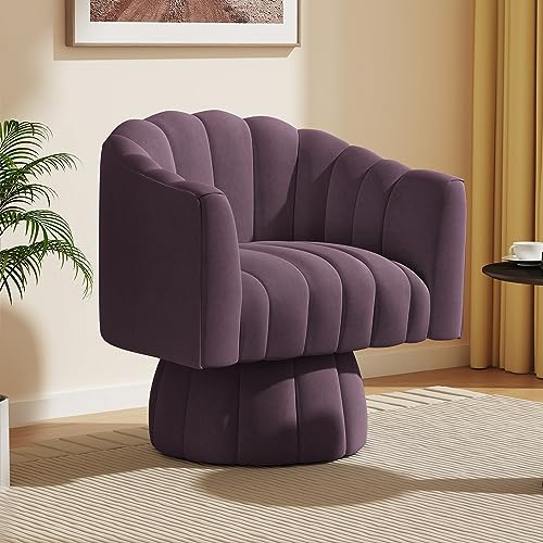 VANTEN Mid Century 360 Degree Swivel Cuddle Barrel Accent Sofa Chairs, Round Armchairs with Wide Upholstered, Fluffy Velvet Fabric Chair for Living Room, Bedroom, Office, Waiting Rooms, (purple)