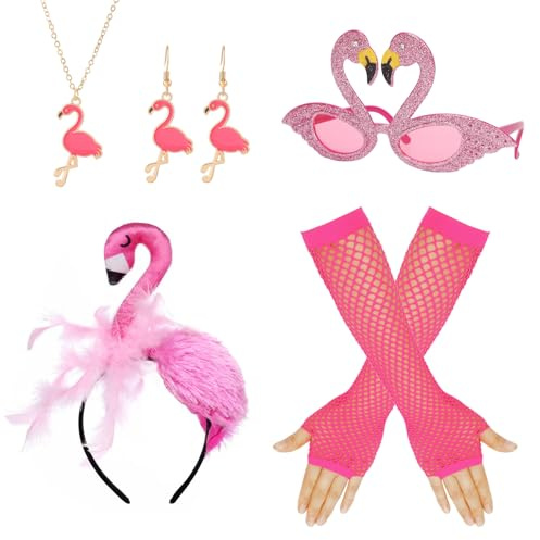 O-Kinee Faschingskostüme Damen,Karneval Kostüm Erwachsene,Lustige Haarreif Brille Handschuhe Halskette Ohrringe, Flamingo Kostüm,Ananas Deko,Hawaii Outfit Damen,Fasching Accessoires