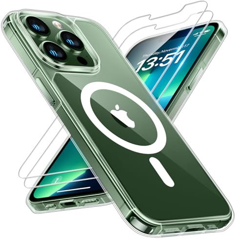TAURI Magnetica Cover per iPhone 13 Pro [Compatibile con MagSafe] con Pellicola in Vetro Temperato, Custodia Rigida per Sottile Anticaduta - Trasparente