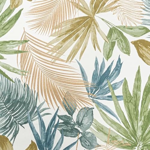 SOPHIE LAURENCE Green Blue Gold Leaves Metallic Floral Shimmer Wallpaper Slightly Imperfect, Textured Vinyl for Bedroom, Living Room, Washable Strippable Paste The Wall, 0.53m x 10.05m (Full Roll)
