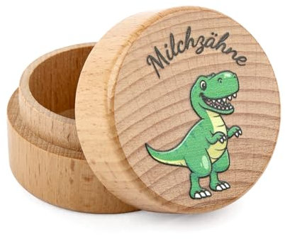Tikplus Zahndose Milchzähne, Holzdose Milch Zähne, Zahndose Milchzahndose Junge & Mädchen - zur Taufe und Geburtstag Geschenke für Neue Eltern (Dinosaurier)