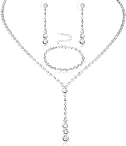 Telooco Strass Hochzeit Brautschmuck Set Elegante Halskette Ohrringe Armband Schmuck Set Silber Strass Braut Hochzeitsschmuck Funkelnde Kristall Schmuckset für Frauen Braut Brautjungfer