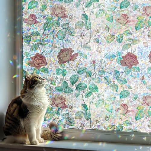 DARUITE Film Fenêtre Anti-Regard, 44,3x200 cm, Vitrail Autocollant Fenetre Décoratif à Motif Rose, Film occultant fenêtre Anti-UV et Statique, idéal pour Chambre ou Bureau
