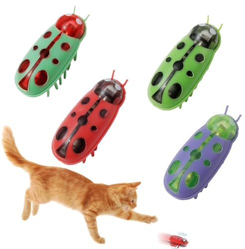 4 Juguetes Interactivos para Gatos–Eléctrico Automático y Móvil,Juguete de Enriquecimiento Mariquita para Gato de Interior,Juguete de Entrenamiento para Gatos/Perros con Ejercicios de Caza y Mordida