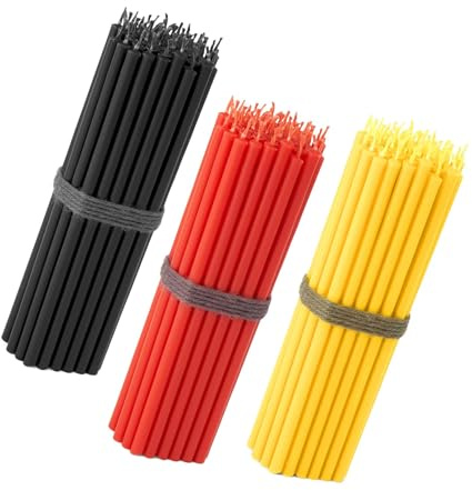 NKlaus Stabkerzen aus Paraffinwachs, Schwarz, Rot und Gelb, 16cm, 150 Stück | Dünn, tropffrei und rußfrei; Höhe 160mm; für Feste, Events und Partys