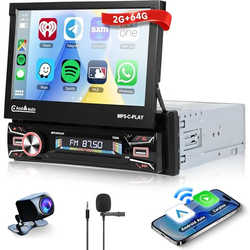 2G 64G Android Single Din Wireless Carplay Android Auto Car Stereo with Mirror Link Rimoody 7 Inch Electric Flip Out Touch Screen Radio GPS Navigation, WiFi, Bluetooth, EQ, FM RDS, Backup Camera