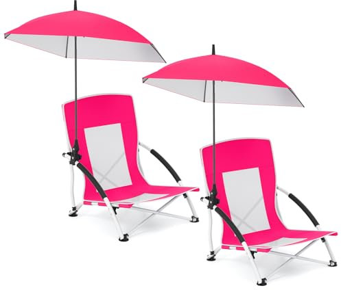 COSTWAY Beach Umbrella Chair for Adults, Foldable Low Seat Camping Chair with Adjustable Parasol, Universal Umbrella Clamp and Armrest, Portable Outdoor Backpack Chairs (2, Pink)