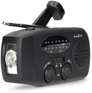 Nedis Tragbares Notfall-AM/FM-Aufziehradio, mit Solarpanel und Handkurbel, LED-Taschenlampe, SOS-Licht und wiederaufladbarer 2000 mAh USB-Powerbank – Schwarz