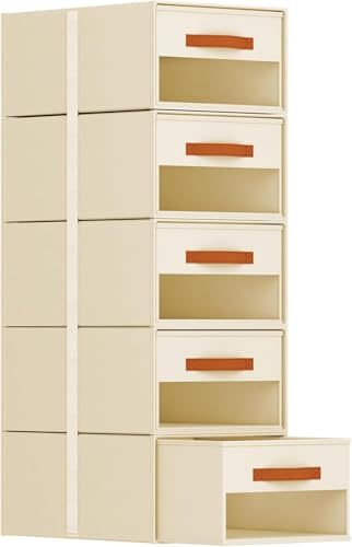 Homsorout 5-Pack Stackable Wardrobe Storage Organiser - Fabric Storage Drawers with Handles Dustproof, Foldable Baskets for Shelf, Bedroom Organising Clothes, Weekly Lables & Windows, Beige