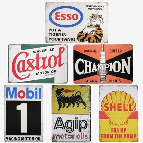 Rongxze 6er-Set Vintage Metallschild Blechschilder,Retro Wanddekoration | Vatertagsgeschenk, Für Garage, Werkstatt, Bar, Klassische Automotiv-Wandkunst