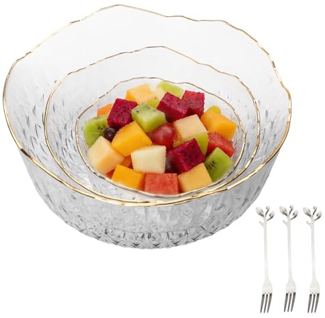 SICANAUO 3 cuencos de plástico transparente para servir con 3 tenedores, cuencos apilables para aperitivos para ensaladas, cereales, palomitas de maíz, cocina (3 tamaños)