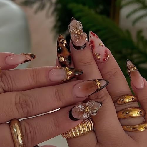 TESGADGETS 24 pièces faux ongles moyens en forme d'amande, à coller, marron, avec motifs floraux 3D et strass, pour femmes