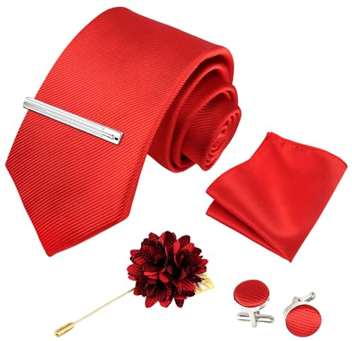 Xynovate Einfarbige Krawatte, Herren krawatte, Herrenfliege und Einstecktuch mit Manschettenknöpfen Set, Klassische Formelle Elegante Krawatte für Business, Hochzeit, Feier, Weihnachten，Rot