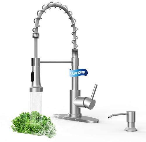 LUFEIDRA Kitchen Faucet with Pull Down Sprayer and Soap Dispenser, High Arc Spring 304 Stainless Steel Single Handle 1 or 3 Hole 2 Mode for Farmhouse RV Camper Laundry Wet Bar (Brushed Nickel)