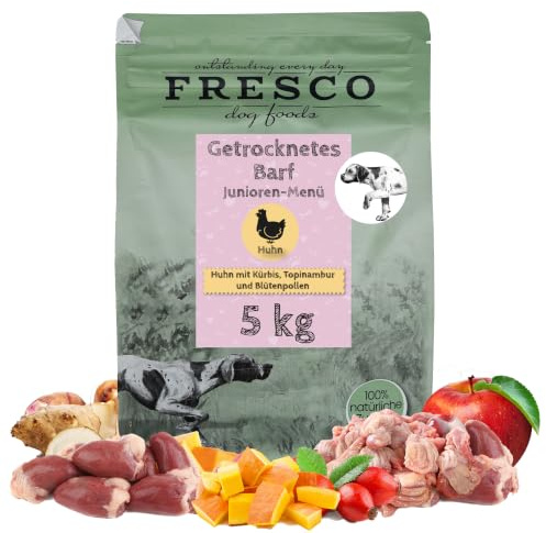 FRESCO Dog TrockenBarf für Hunde Junior Huhn 5kg | Für Welpen und Junghunde | Getreidefrei, zuckerfrei, 100% frische Zutaten | BARF Hundefutter trocken mit Kürbis, Topinambur & Blütenpollen