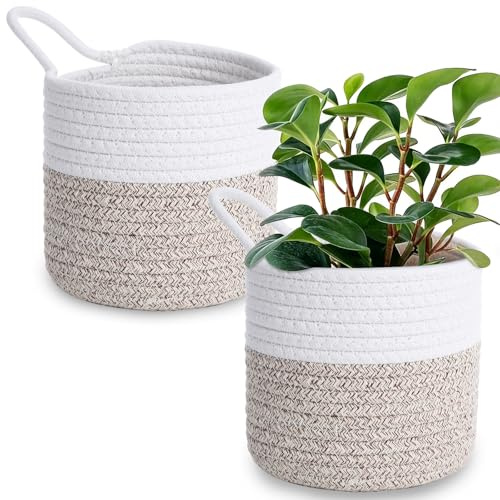2 Stück Hängekorb, Baumwollseilflechten, 15 x 16 cm, Weiß, Braun | Wandkorb Hängend, mit Griff, für Küche Bad Schlafzimmer Wohnzimmer
