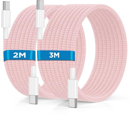 USB C auf USB C Kabel 2M+3M, 2 Stück, 60 W PD Ladekabel für iPhone 17/16/15 | 60W PD USB-C Schnellladekabel aus Nylon für iPhone 17/16/15 Pro Max/Pro/Plus, iPad Pro/Air, MacBook; 2M+3M, 2 Stück, Rosa