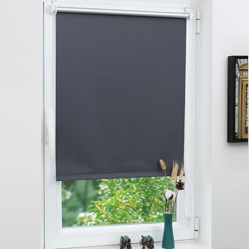 Grandekor Verdunklungsrollo ohne Bohren 115 x 130cm (Stoffbreite 115cm) | Dunkelgrau Klemmrollo Thermorollo mit Hitzeschutz, Rollos für Fenster Montage mit oder ohne Bohren Sicht-& Sonnenschutz