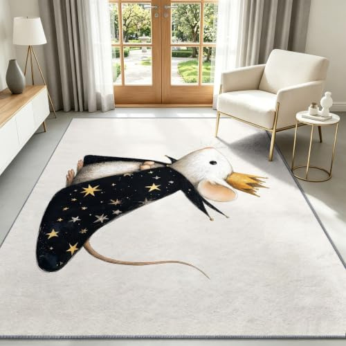 Wohnzimmer rutschfest Teppich 160 x 230 cm, Krone Kleine Maus Junge Mädchen Kinderteppich - Cartoon-Tiere Kurzflor Waschbar Teppich für Kinderzimmer Bettvorleger Spielzimmer Badteppich