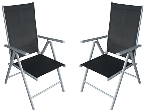 DEGAMO 2X Klappsessel Ravenna Alu Silbergrau + Textilgewebe schwarz, 7-Fach verstellbar, wetterfest, Outdoor