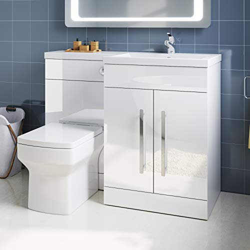 ELEGANT 1100mm Right Hand High Gloss White Vanity Unit & Back to Wall Toilet Unit with Square Toilet & Basin