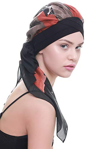 Deresina W Front Baumwollkappe mit angenähtem Schal für Haarverlust, Krebs (Schwarz Nerz Abstract)