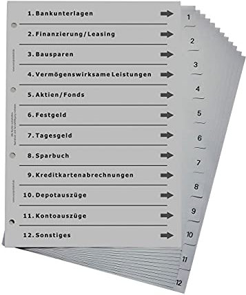 Ordnerregister für Finanzen, durchdachtes Register für DIN A4 Ordner, Finanz- und Bankordner rund um Finanzierung, Bank, Aktien und Geld, lichtgrau